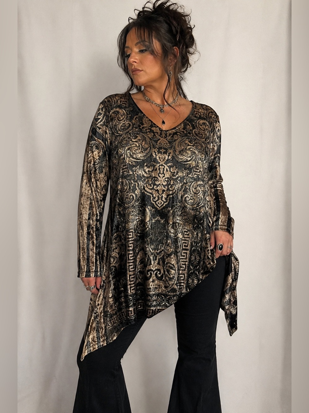 Catherines 1X Y2K Velvet Baroque Tunic Top Rhinestone Whimsigoth Dark Boho 18 20